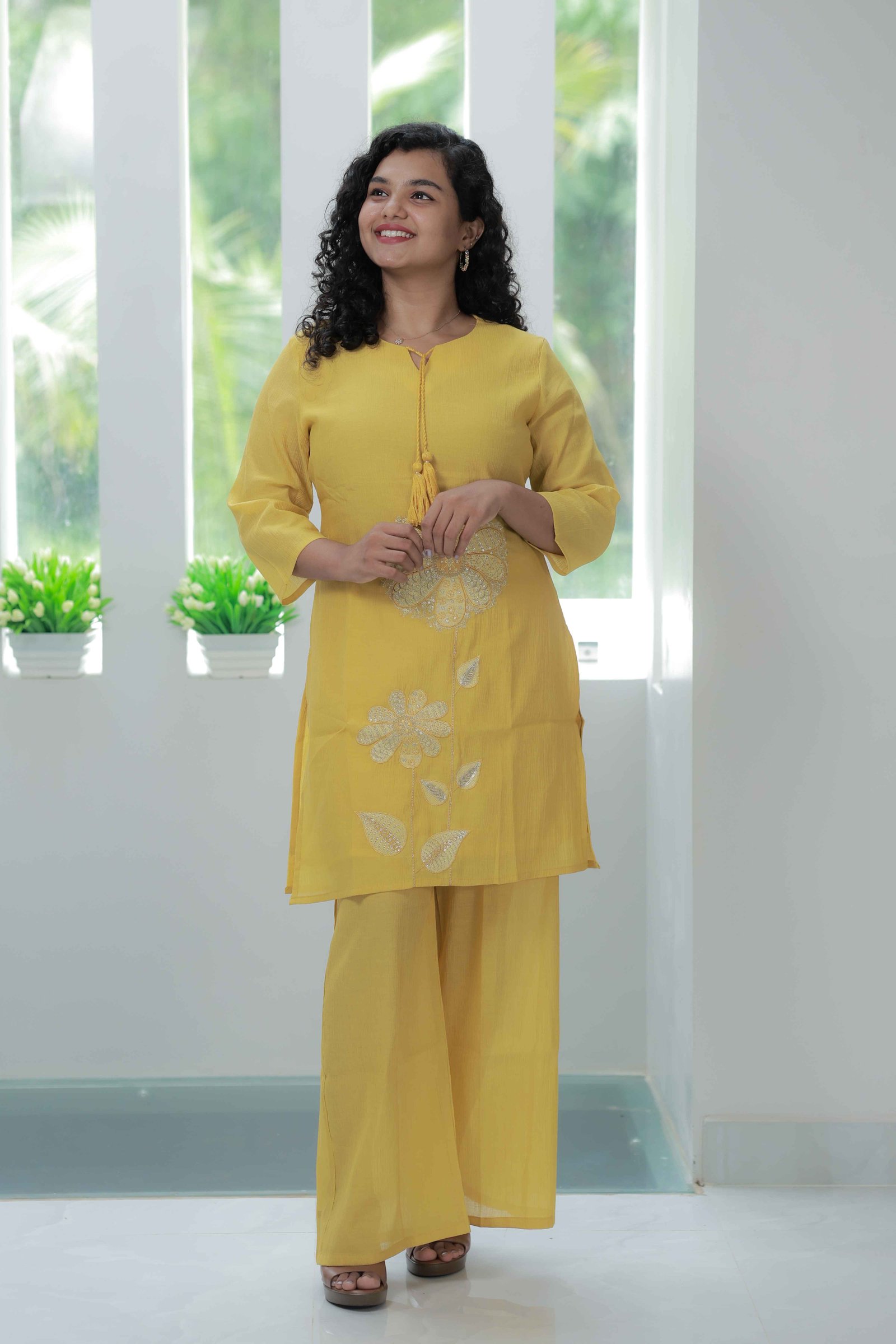 Co-ord set Fabric - Chinon - Mustard Yellow - Embroidery (M, L, XL, XXL)